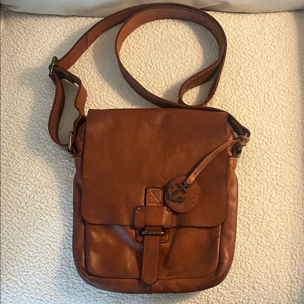 Tan Leather Crossbody Messenger Bag with Anchor Charm